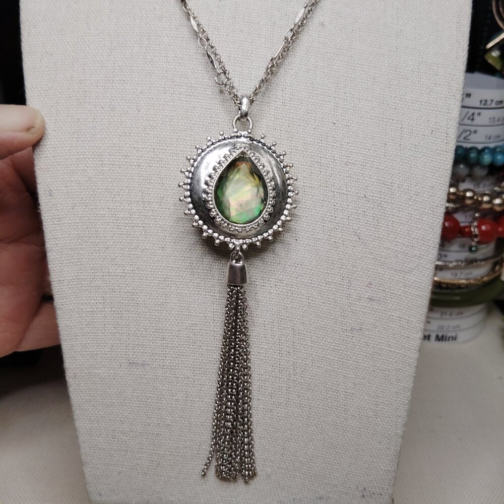 Lucky Brand Reversible Mixed Metal Tassel Necklace Silver Tone Double Chain 30in
